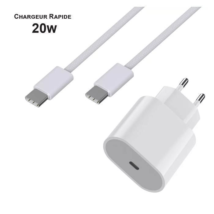 Chargeur rapide 20W + cable USB-C vers USB-C 1M pour iPhone 15/ iPhone 16/ iPhone 17 | Aginji® Store France