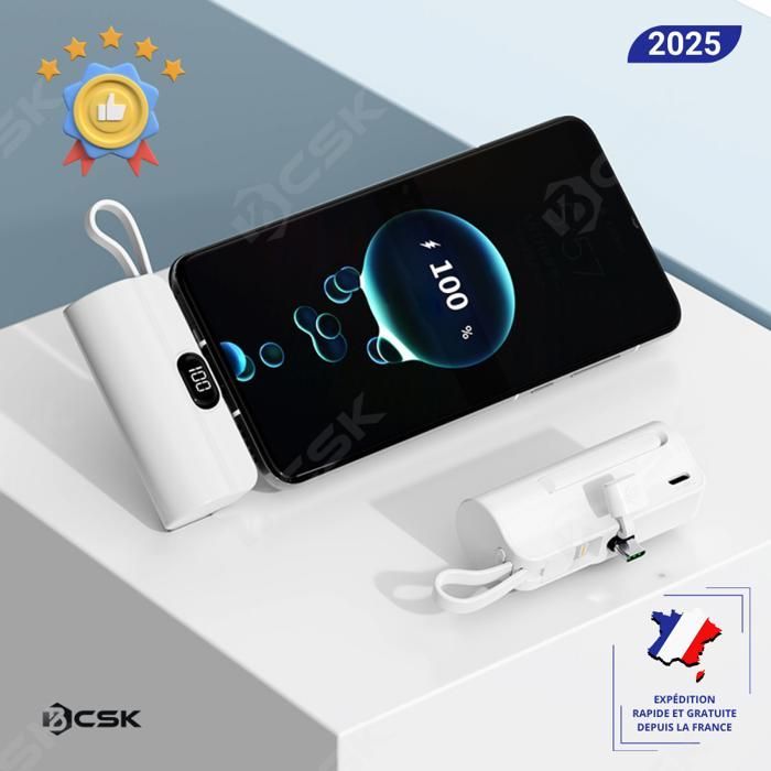 Mini batterie externe 5000mAh BCSK® - Chargeur rapide USB-C et Lightning | Compatible iPhone-Samsung-Android Smartphones - Blanc