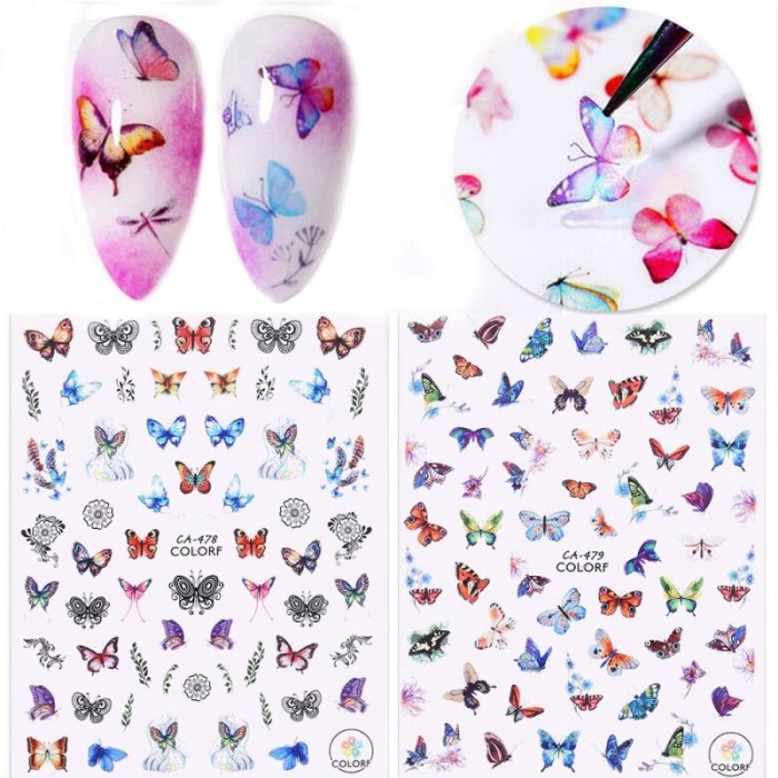 Autocollants pour ongles à faire soi-même : papillons colorés, transfert adhésif, magnifiques décalcomanies 3D, accessoires et décoration pour ongles.