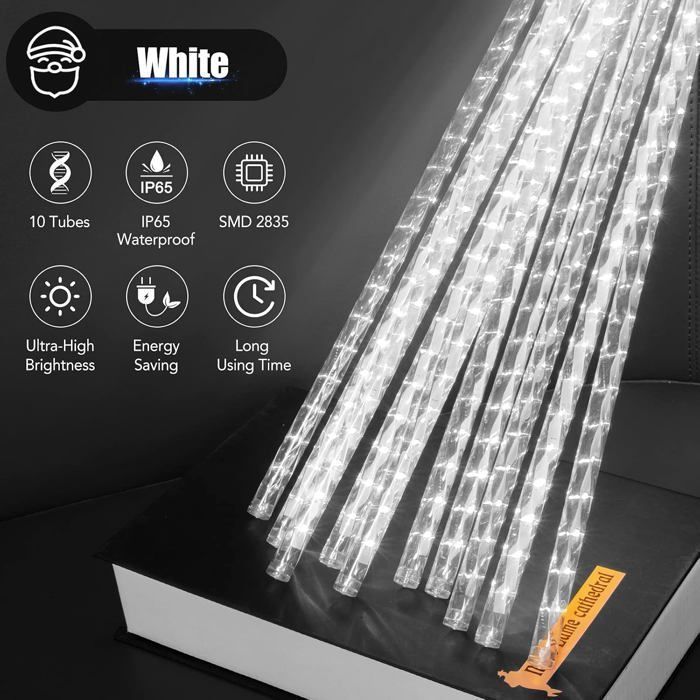 Guirlanda de luzes para chuva de meteoros, 50 cm, 10 tubos, 400 LEDs, à prova d'água IP65, para uso externo em Natal e casamentos (branco frio)