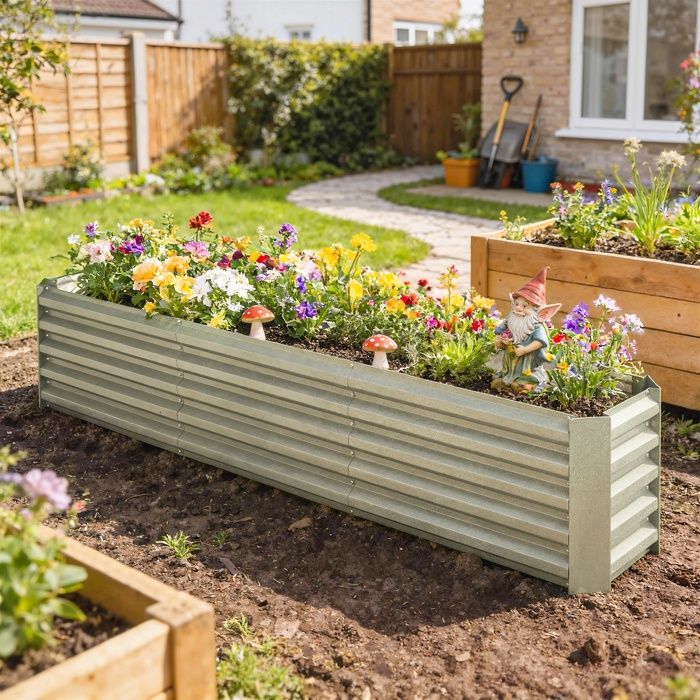 Canteiro elevado para jardim - Outsunny - barras de suporte e placas de canto - fundo aberto - aço galvanizado - 240 x 40 x 45 cm - cinza prateado