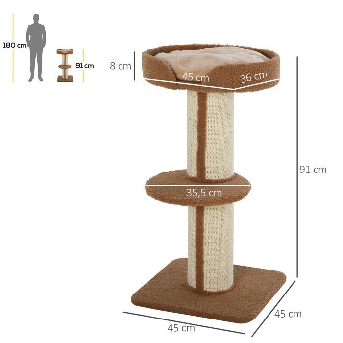 Arbre à chat - PawHut - avec griffoir - 2 plateformes - coussin - perchoirs avec bord relevé - marron clair