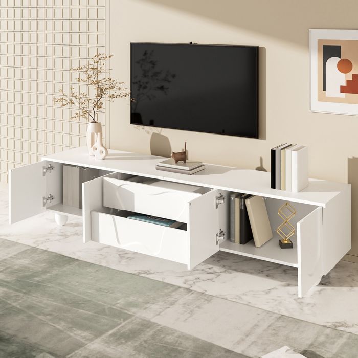 Mobile porta TV - MODERNLUXE - 180x40x42 cm - 2 cassetti, 4 ante - Gambe in legno massello - Bianco