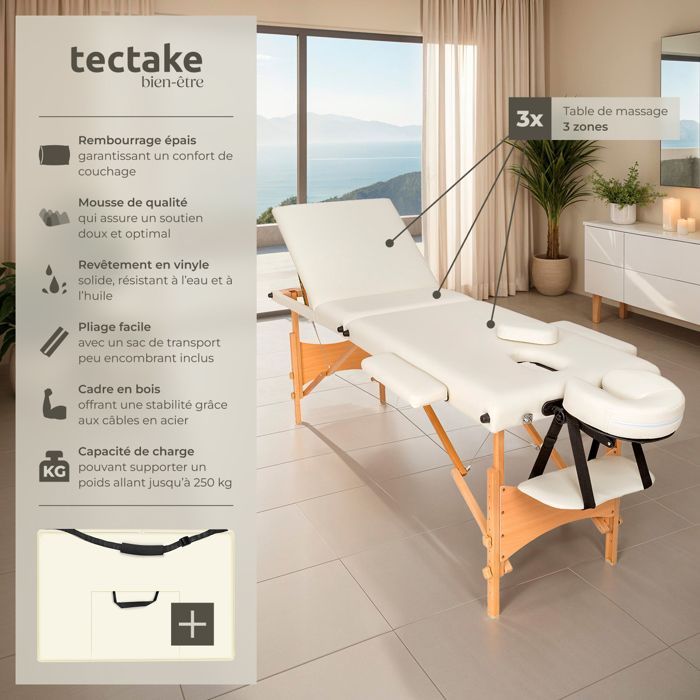 Table de massage - TECTAKE - Table de soin DANIEL 3 zones avec sac de transport 210 x 95 x 84 cm - Beige