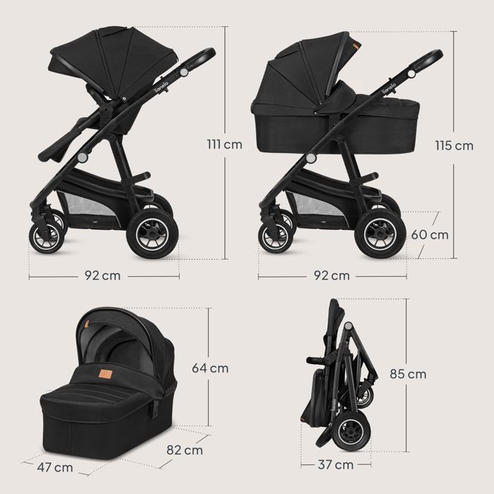 Poussette 3 en 1 LIONELO Bianka -Jusqu'à 22 kg - Pack poussette, Nacelle, Siège auto, sac et accessoires - Noir