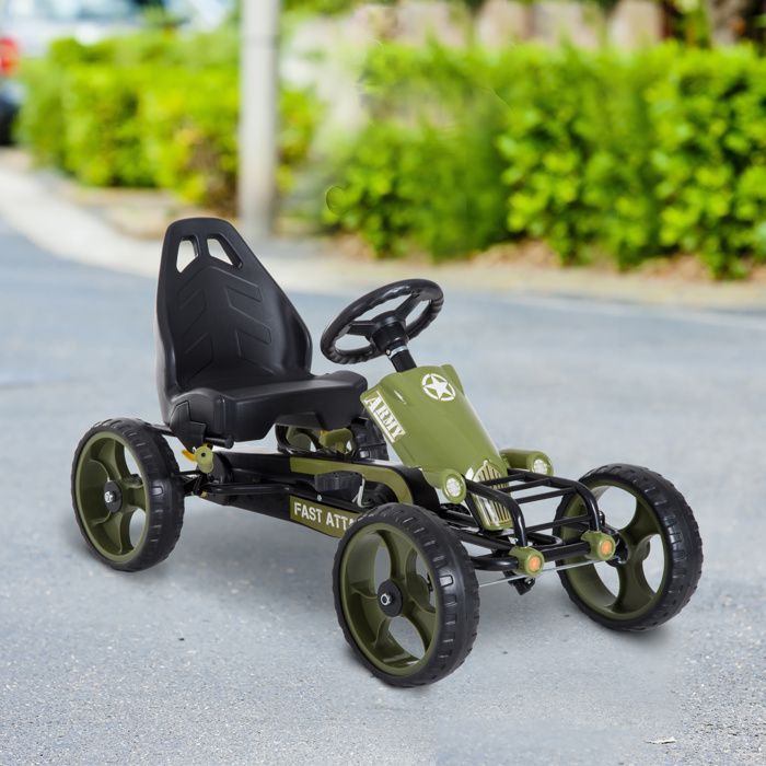 6968 Bicicleta infantil y vehículo tipo kart con pedales, asiento ajustable, freno manual, ruedas traseras de EVA y acero, color verde y negro.