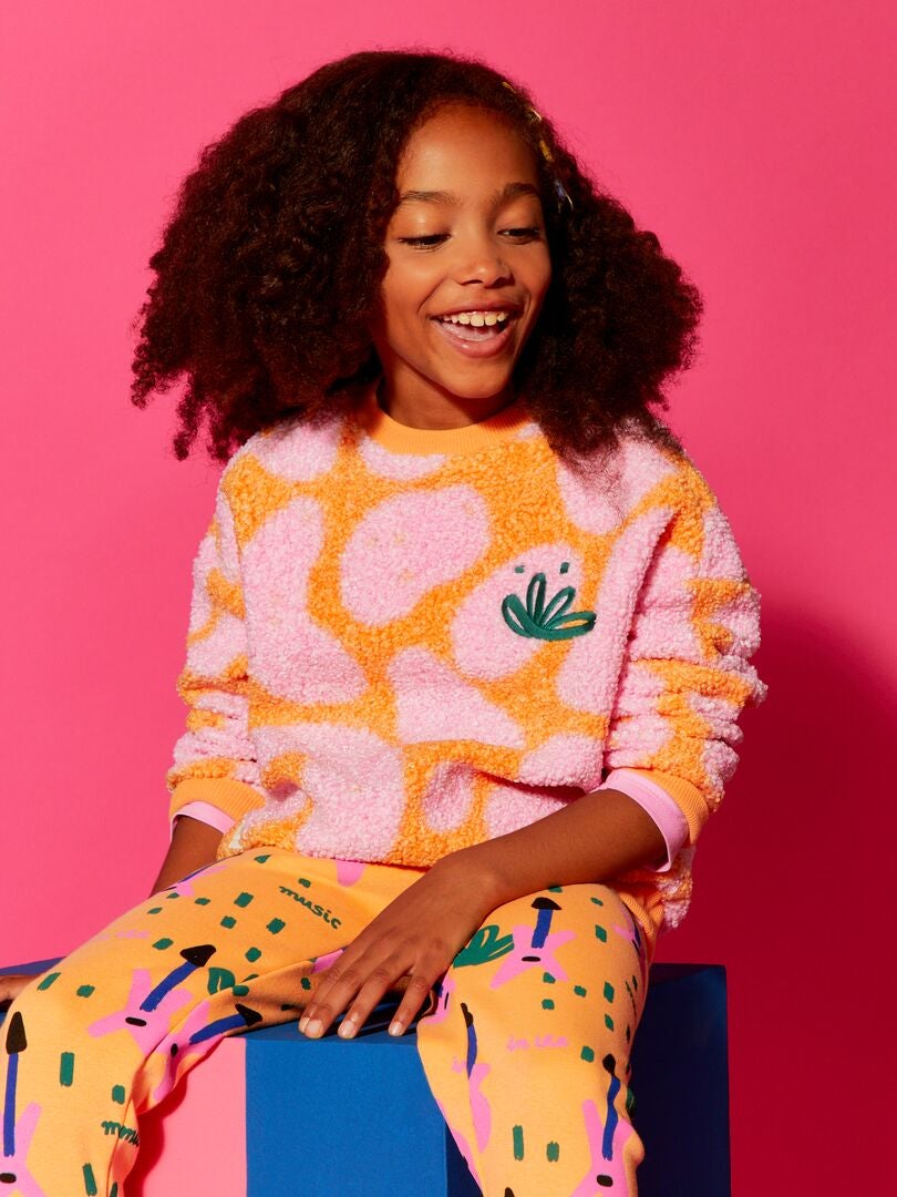 Sweatshirt met sherpa-print en ruitjespatroon - ORANJE