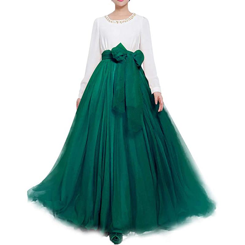 Jupe longue maxi bouffante en tulle pour femme, coupe trapèze, ceinture à nœud papillon, taille haute, idéale pour une soirée de mariage.