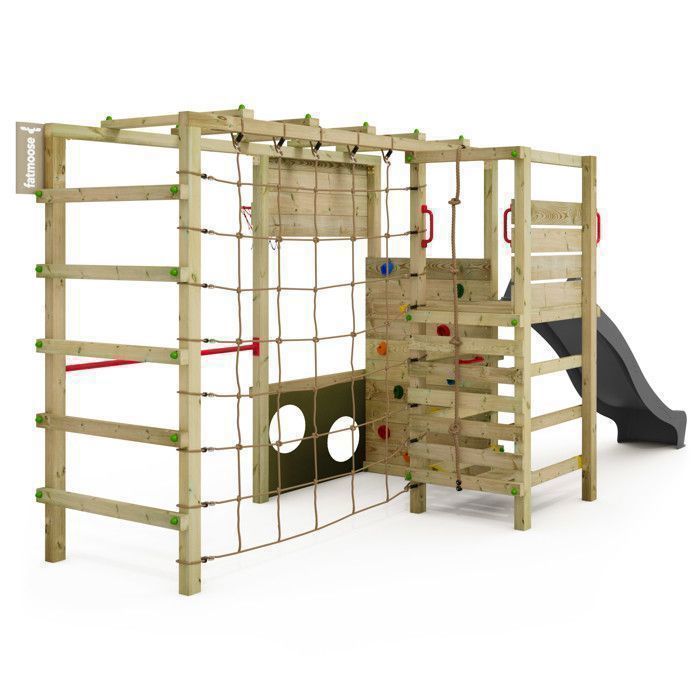 Aire de jeux bois FATMOOSE ActionArena Air XXL anthracite avec toboggan et mur d’escalade, panier basket – 10 ans de garantie*