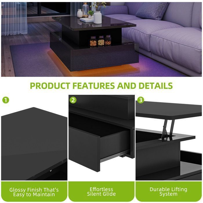 BALCONERA Lift-Top Coffee Table, Rectangular Living Room Table with 16 Color LED Lights and 2 Drawers, High-LumiNova Surface, Black