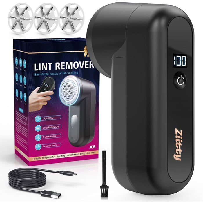 Electric Lint Remover with LCD Screen, 2 Adjustable Power Levels, 6-Blade Lint Cutter Head, Type-C
