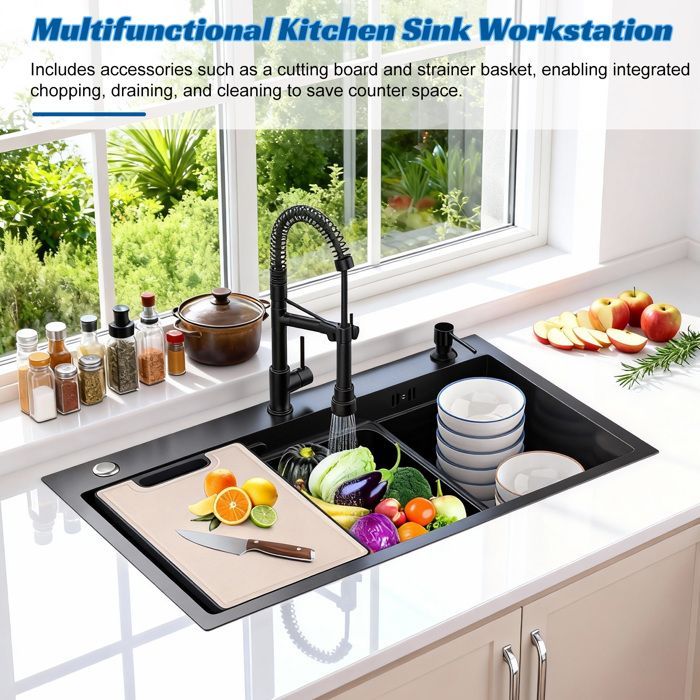 76 cm (30 inch) single bowl inset kitchen sink in black stainless steel, with accessories
