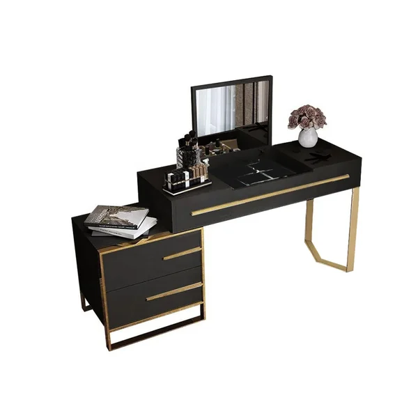 Penteadeira branca com espaço para armazenamento, espelho basculante, 4 gavetas e base dourada.