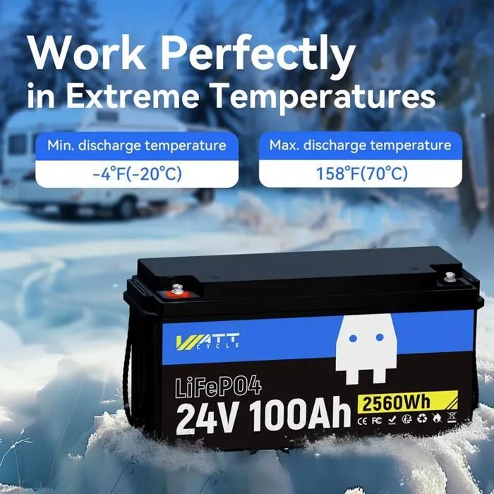 Wattcycle Batterie Lithium LiFePO4 24V 100Ah 2560Wh pour Camping-car, Caravane, Voyage, Marine, Système Solaire