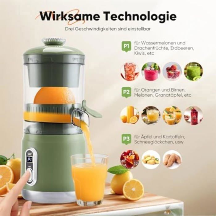 Electric citrus juicer with LCD screen, 12,000 rpm motor for oranges, lemons, and limes up to 110 mm, 95% yield