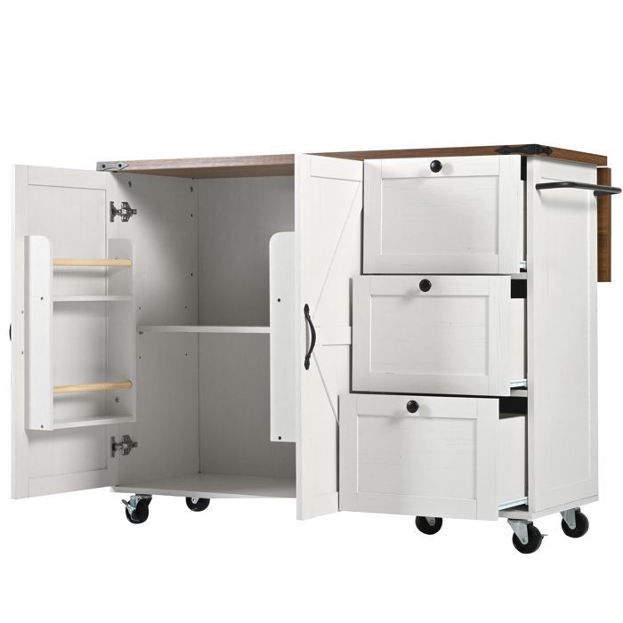 Chariot de cuisine - Îlot extensible - 2 portes - 3 tiroirs - Beige - 75 kg max
