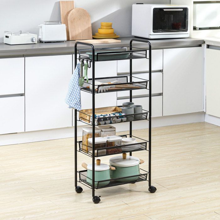 Chariot de rangement - HOMCOM - 5 niveaux desserte roulettes paniers amovibles 4 crochets - acier - 45x26,5x106cm - noir