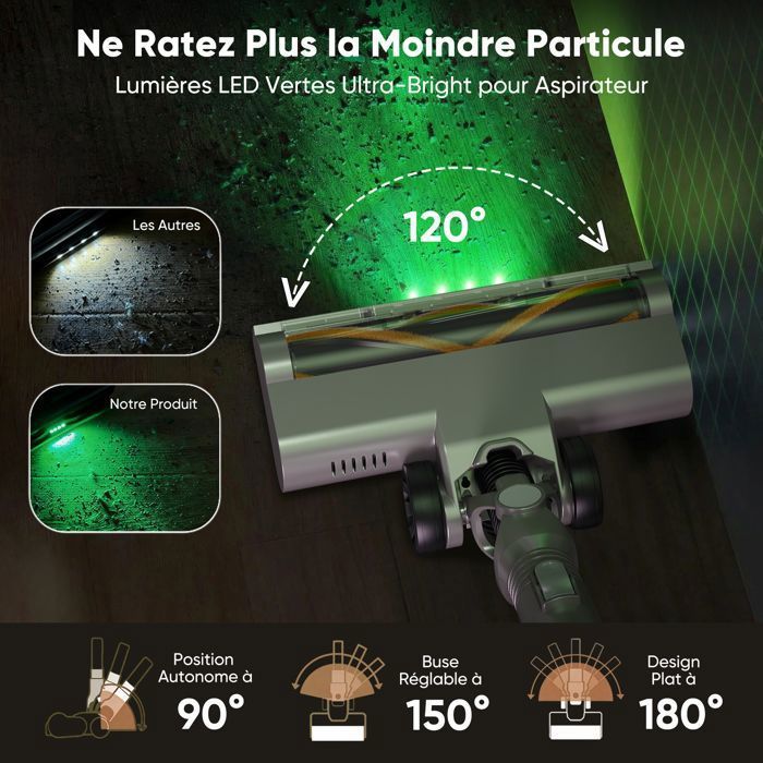 Aspirateur Balai Sans Fil LAMZIEN V12PRO - 32kPa - 40 min d’autonomie - Anti-Enchevêtrement - Lumière LED Verte - Autoportant