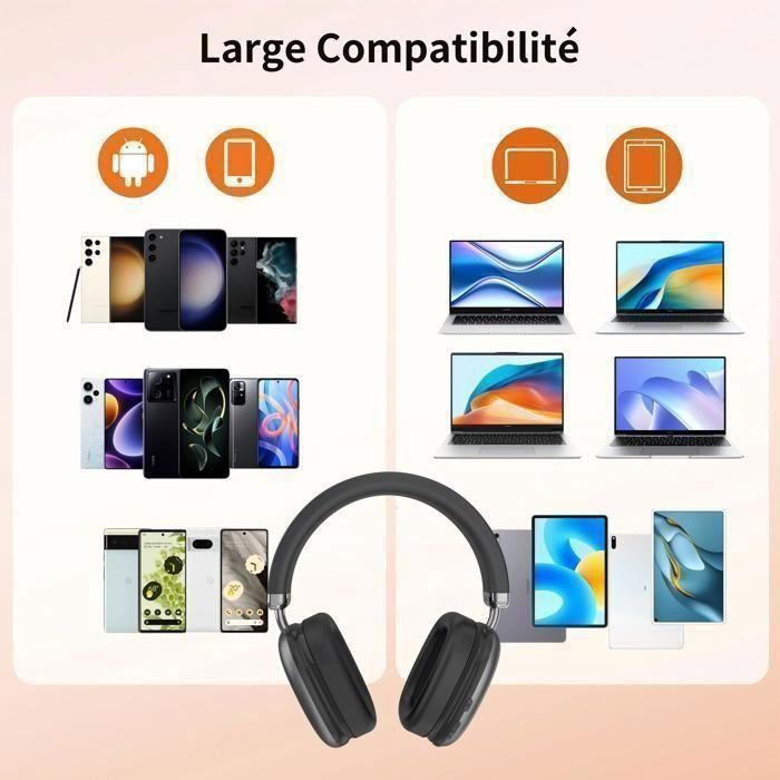 Trådløse Bluetooth 5.3-hovedtelefoner med tri-frekvens-equalisering, stereolyd, indbygget mikrofon og 40 timers batterilevetid - Sort