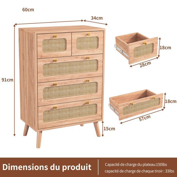 Cómoda de 5 cajones - LUMINARIX - Madera natural - Ratán - 60 x 34 x 91 cm - Elegancia chic - MDF