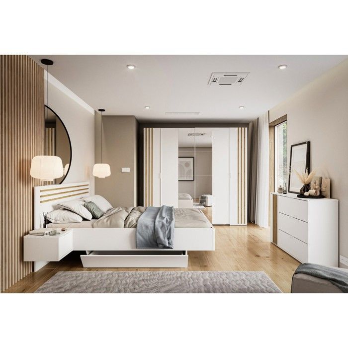 Chambre complète FLORENCE – Lit 160x200 + sommier + tiroirs + armoire + commode – Blanc et chêne