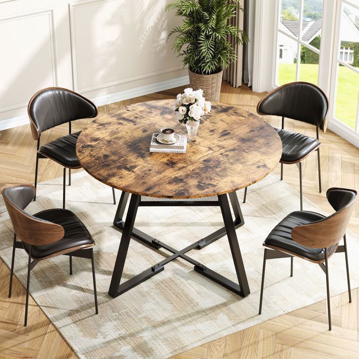 Table à manger ronde 120 x 120 cm, petite table de cuisine, table de salle à manger avec étagère pour 4 à 6 personnes, Marron