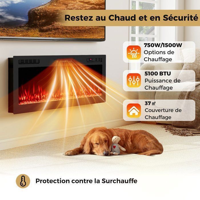 Chimenea eléctrica COSTWAY de 750 W/1500 W - De pared/empotrada - Control por voz/aplicación/mando a distancia - Iluminación LED ambiental - Piedra de cristal - Temporizador de 12 horas