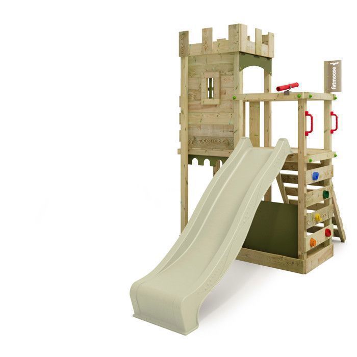 Tour de jeux bois FATMOOSE BoldBaron Boost XXL avec toboggan 220 cm vert sauge et mur d’escalade – 10 ans de garantie*