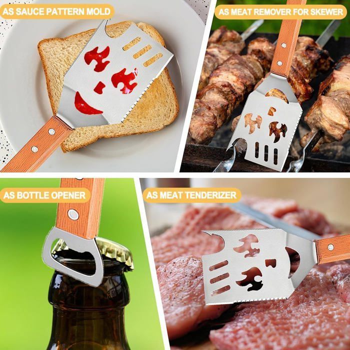 Espátula para barbacoa 8 en 1, herramienta multifuncional para parrilla con abridor de botellas, accesorios para barbacoa para acampar al aire libre.