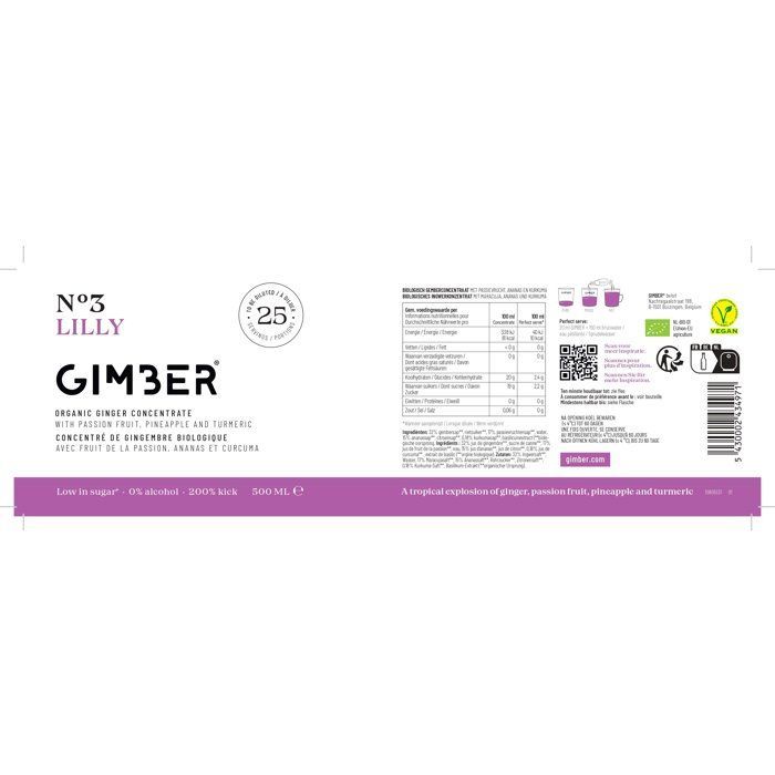 Gimber - N°3 - Lilly - Concentré de gingembre biologique avec fruit de la passion, ananas et curcuma - 500ml