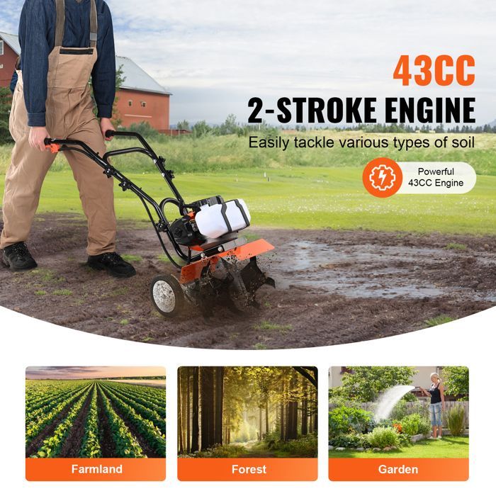 Motocultor de gasolina de 2 tiempos - Duoku - 4 púas de acero ajustables - Para cultivar la tierra en jardines, céspedes y campos.