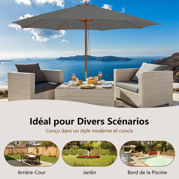 COSTWAY Parasol de Terrasse en Bois de 300 cm, avec 8 Baleines en Bambou, 3 Hauteurs Réglables, Poulie de Levage à Corde, Gris