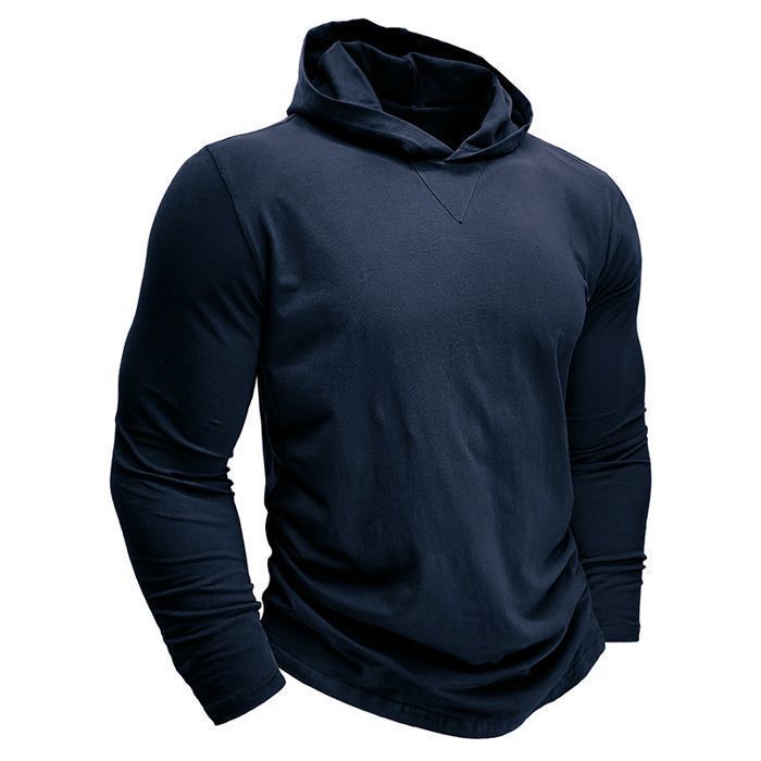 Men's Long Sleeve Hooded T-Shirt, Casual Style T-Shirt in Solid Color - Blue