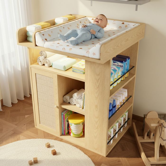 Commode à langer en bois - Éclairage LED réglable - Espace à langer avec cloison - Rangement généreux
