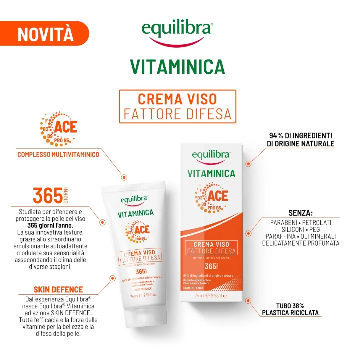 EQUILIBRA Equilibra Crème Visage Vitaminée Facteur de Défense 75 ml Défense de la Peau