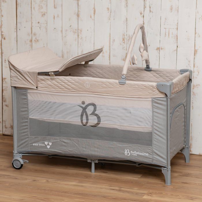 BEBELISSIMO – Reisebett für Babys – Faltbett – ab Geburt – mit Schlaffunktion – Wickeltisch und Spielzeug – beige/grau