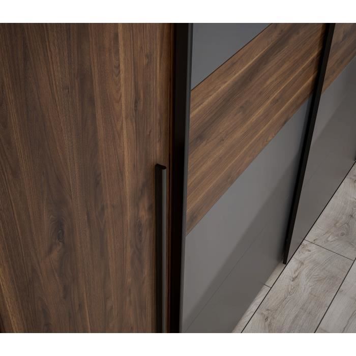 Armario NARAGO - Acabado en nogal Bakersfield y gris - 2 puertas correderas + 2 puertas batientes - 270 x 61 x 210 cm (ancho x profundidad x alto)