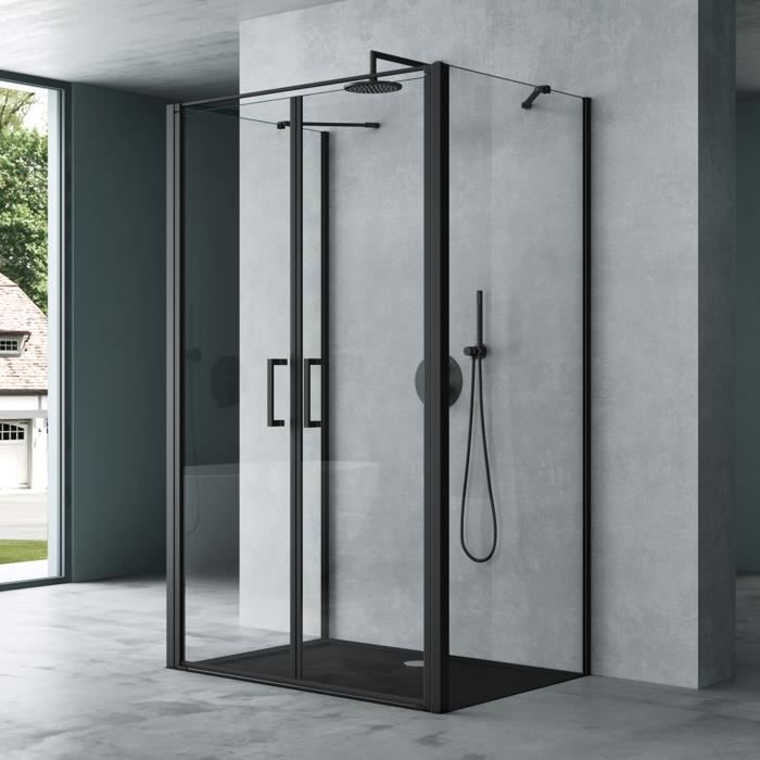 Cabina de duche Mai & Mai® 90x120 para parede simples, porta autoelevatória, divisória de duche retangular, vidro preto transparente Rav66UK