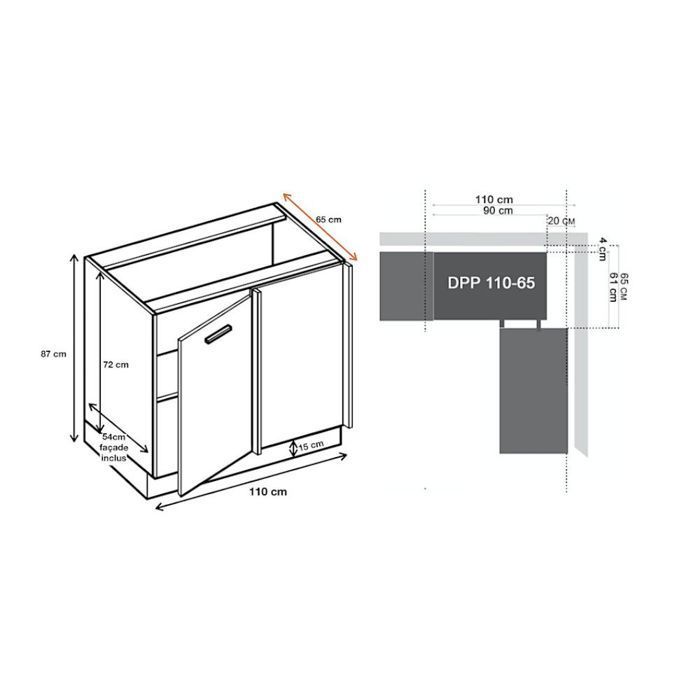 Meuble d'angle bas Bellissi Blanc 1 porte L 110 cm - Cuisineandcie