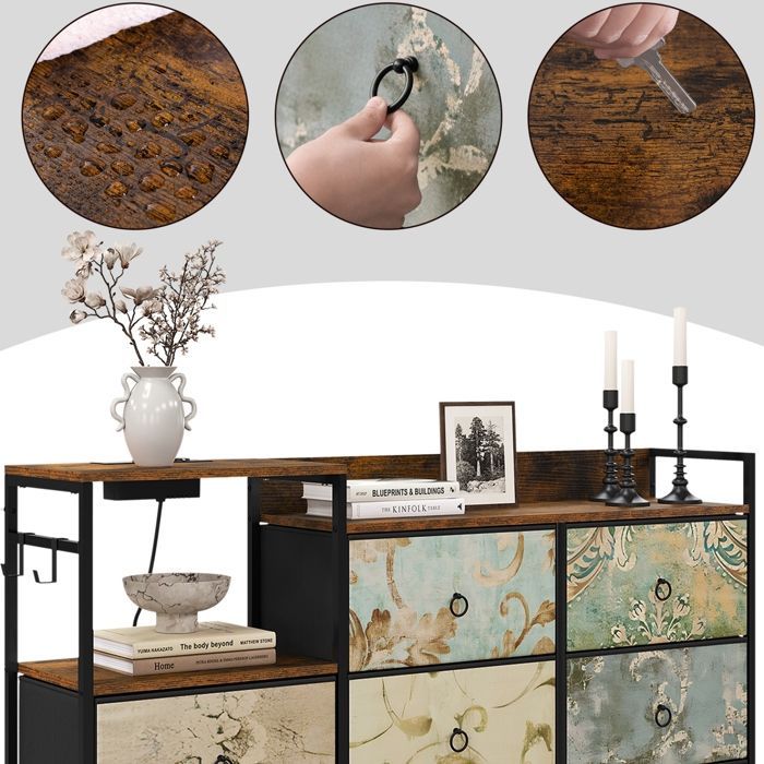 Cómoda WOLTU - 8 cajones y estación de carga - Metal y madera de ingeniería - Diseño floral vintage