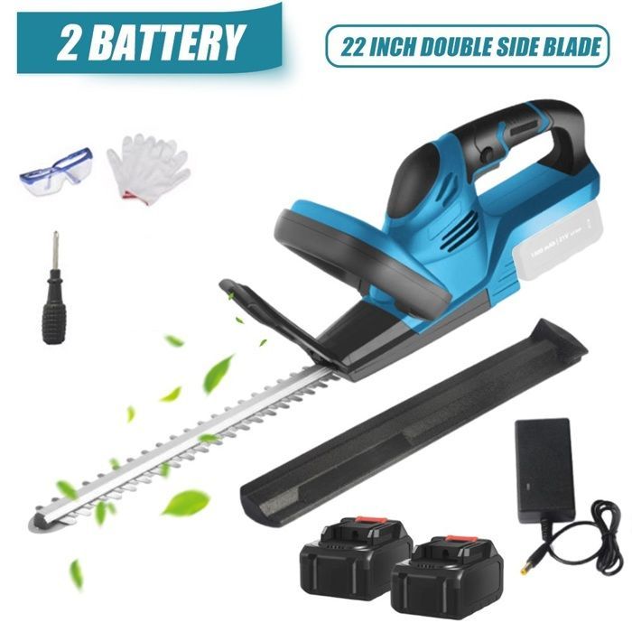 21V cordless hedge trimmer with 2 batteries, brushless motor, speed: 2000RPM, power: 800W for trimming trees.