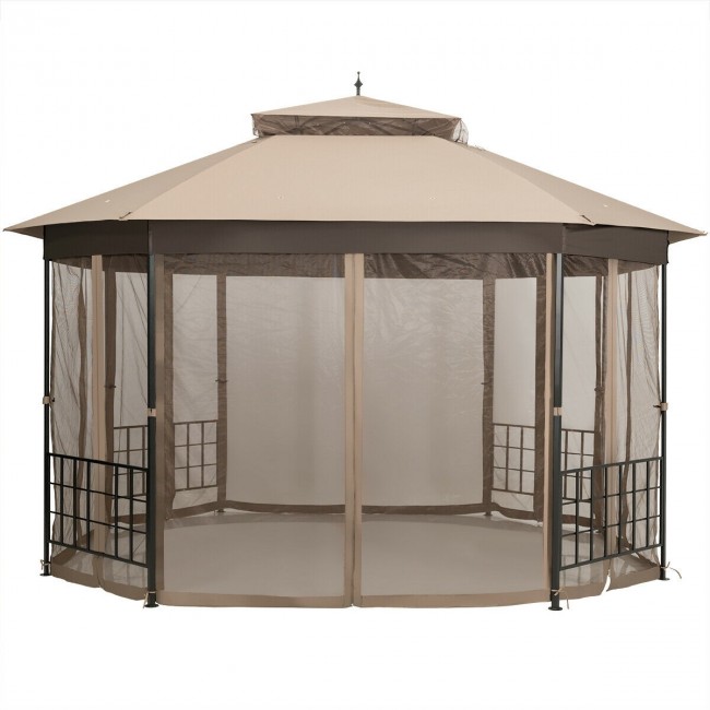 Achthoekig tuinpaviljoen van 3 x 3,6 meter met muggennet.