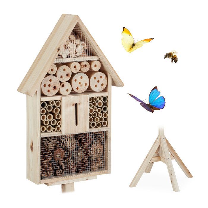 Relaxdays Hôtel à insectes sur pied, Maison à insectes, abeilles refuge, Nid cabane Jardin HxlxP: 140x47x47cm, nature