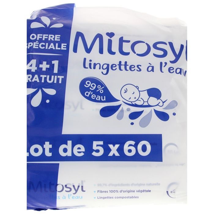 Mitosyl Lingettes à l'Eau Lot de 5 x 60 Lingettes dont 60 Offertes