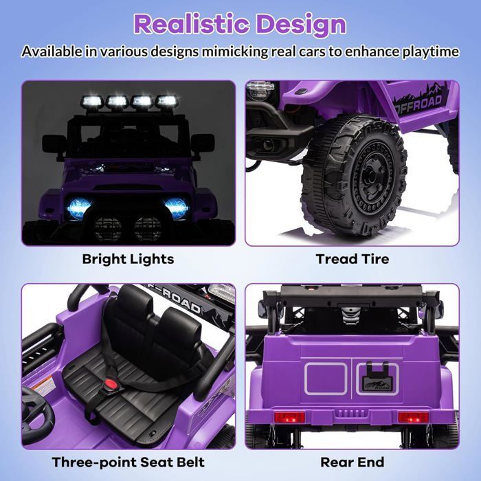Coche eléctrico infantil de 12 V con mando a distancia, música, luces LED y claxon, 3 velocidades, para niños de 3 años en adelante, color morado.