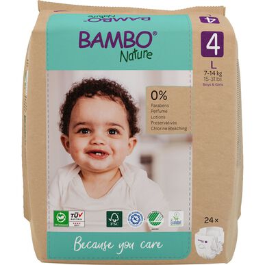 Ekologické pleny Bambo Nature pro chlapce a dívky s 0% parfemací, velikost 4, 7-14 kg, 144 kusů.