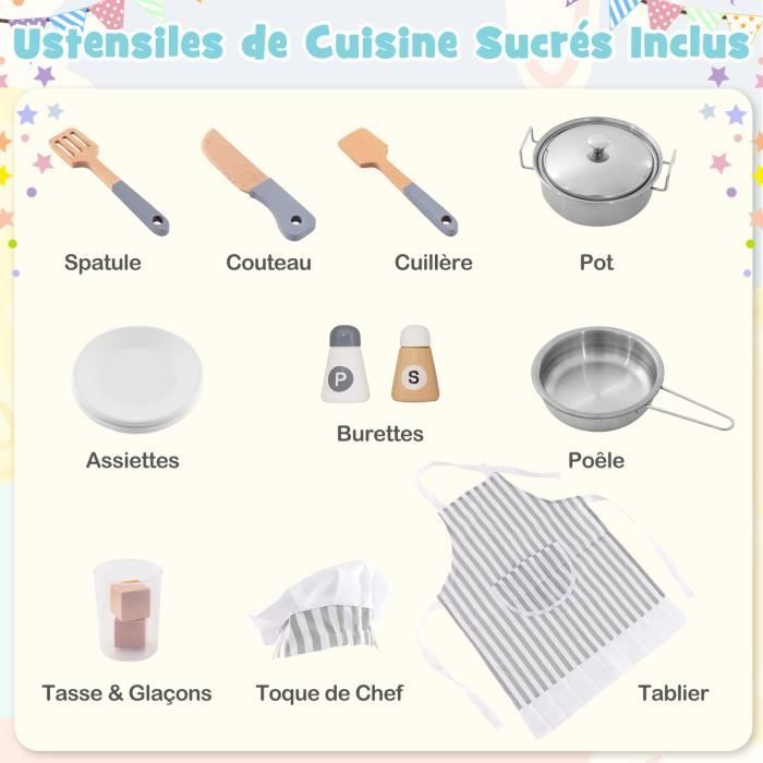 COSTWAY Grande Cuisine pour 4 Enfants 3 à 10 ans, Lumière & Effet Sonore - 15 Accessoires, Blanc & G