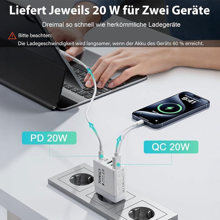 Cargador USB-C, 40 W, 4 puertos USB-C, bloque de carga rápida PD+QC de doble puerto, cargador multipuerto tipo C compatible con iPhone - TOPESCT