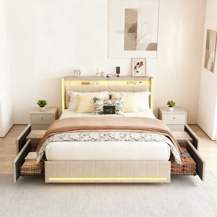 Cama doble de 160 x 200 cm, cama individual de 160 x 200 cm con 4 cajones, puerto USB e iluminación LED, estructura de cama con cabecero, tejido de lino, color beige.