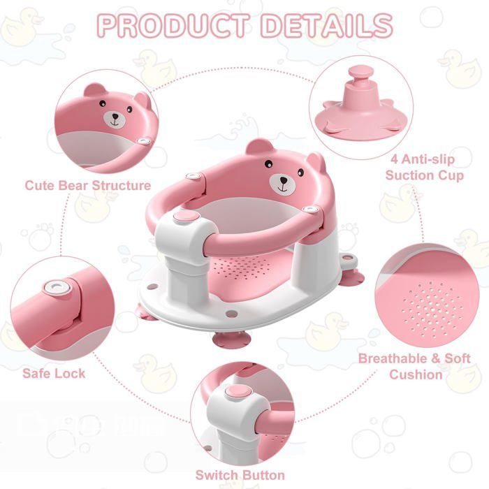 Babybadzitje voor baby's vanaf 6 maanden, antislip babybadzitje met 4 zuignappen en kussen, badstoel, roze